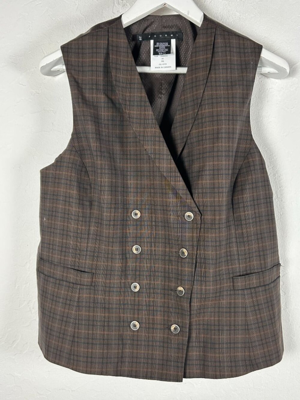 Fourmy Womens Brown Plaid Double-Breasted Vest Wool Blend Size 20 Shawl Collar